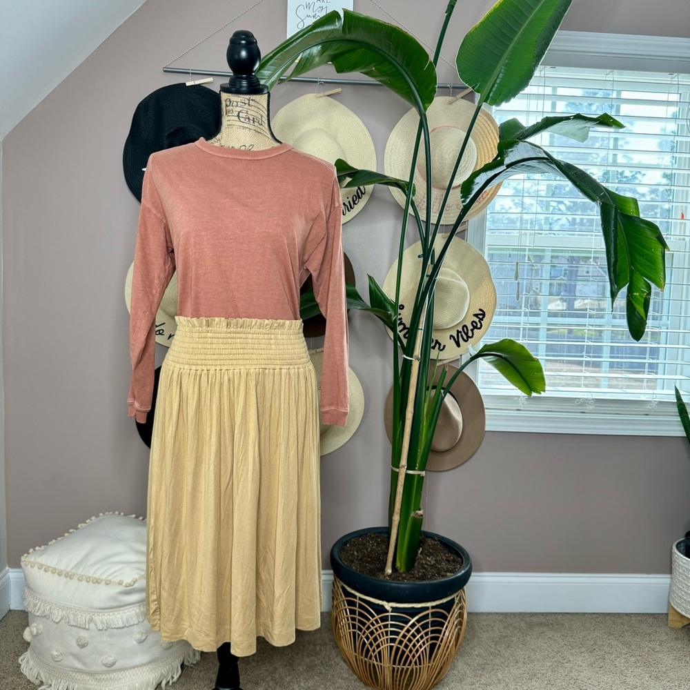 Tan - caramel Kate Quinn smocked waistband women’s skirt